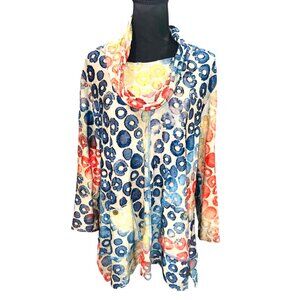 Ali Miles Artsy Boho Multicolor Circle Print Tunic Top Cowl Neck L/S Womens XL